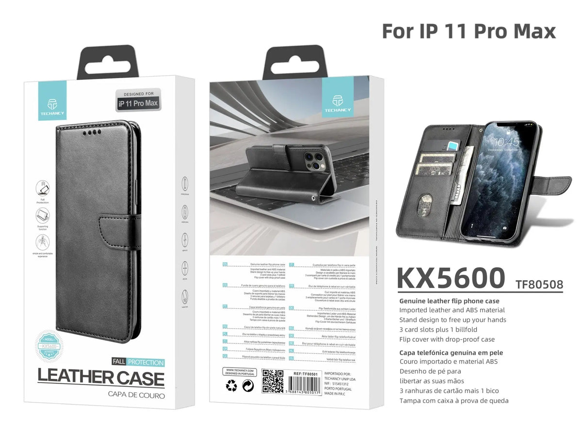 Capa flip em couro para telemóvel com 3 ranhuras para cartões, KX5600, função suporte e proteção contra quedas, compatível com iPhone 11 Pro Max, Preto Techancy