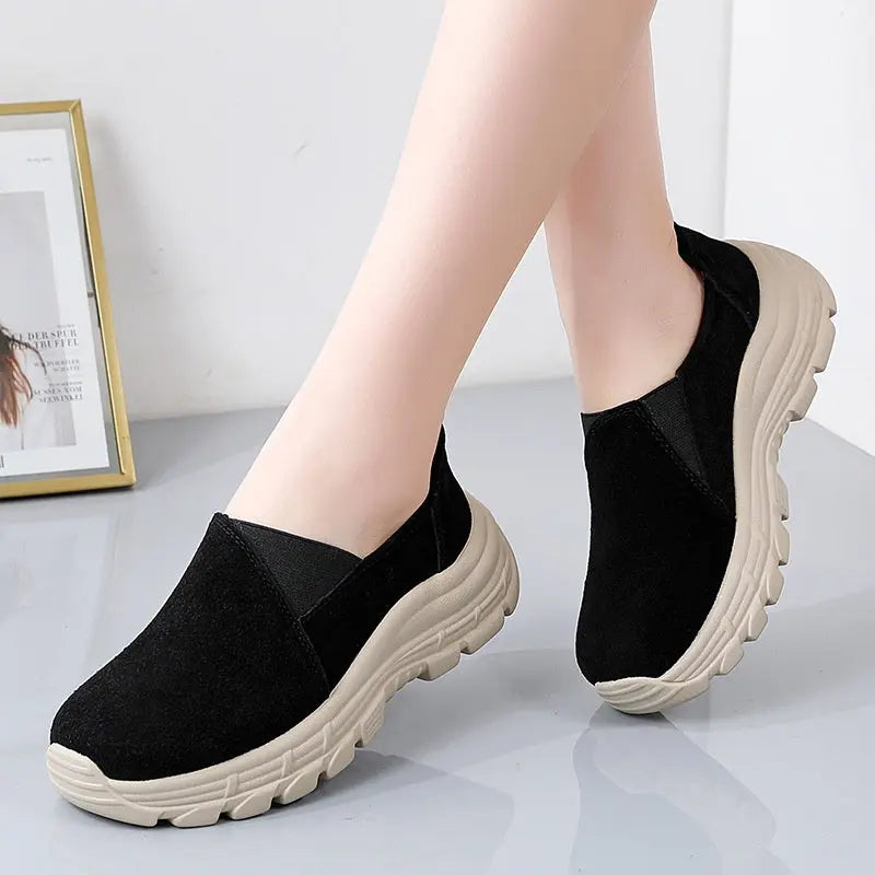 Breathable Leather Wedge Shoes for Women, Casual Chunky Sole Sneakers eprolo