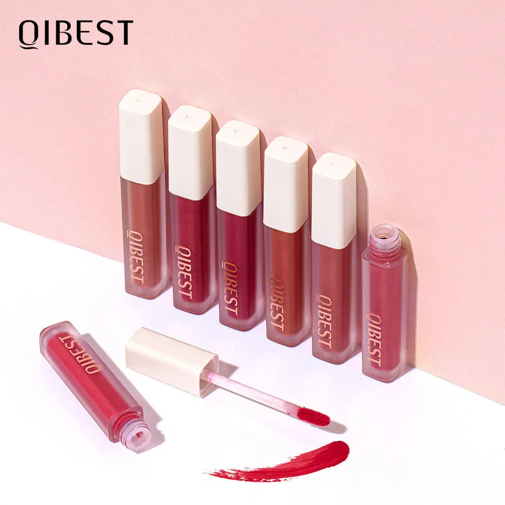 QIBEST Silky Lip Glaze Non-Stick Cup Does Not Fade Lip Gloss Makeup Color Liquid Lipstick Matte Moisturizing Lip Gloss eprolo
