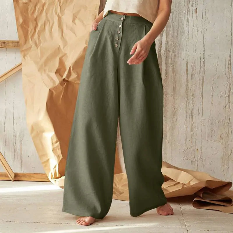 Womens Casual Cotton Linen Baggy Wide-Leg Pants Loose Flared Trousers home Casual pants eprolo