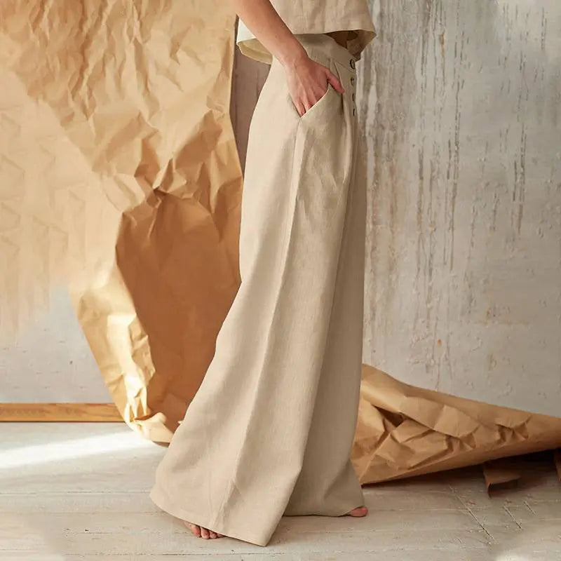 Womens Casual Cotton Linen Baggy Wide-Leg Pants Loose Flared Trousers home Casual pants eprolo