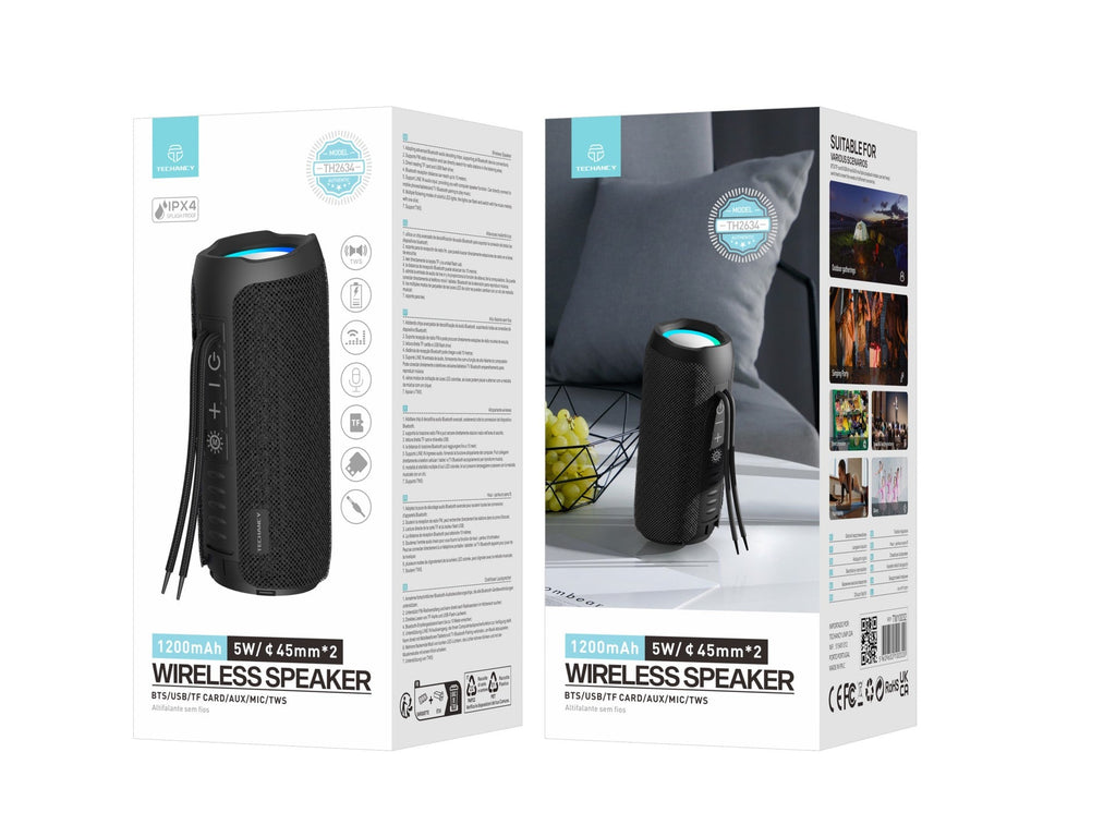 Techancy Altifalante sem fios Bluetooth versão 5.3 TH2634, suporta entrada TF/U disk/LINE LN, luz LED de 7 cores
