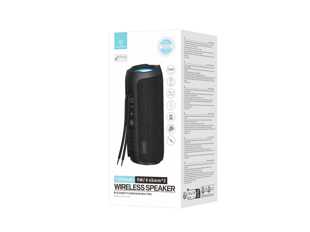 Techancy Altifalante sem fios Bluetooth versão 5.3 TH2634, suporta entrada TF/U disk/LINE LN, luz LED de 7 cores