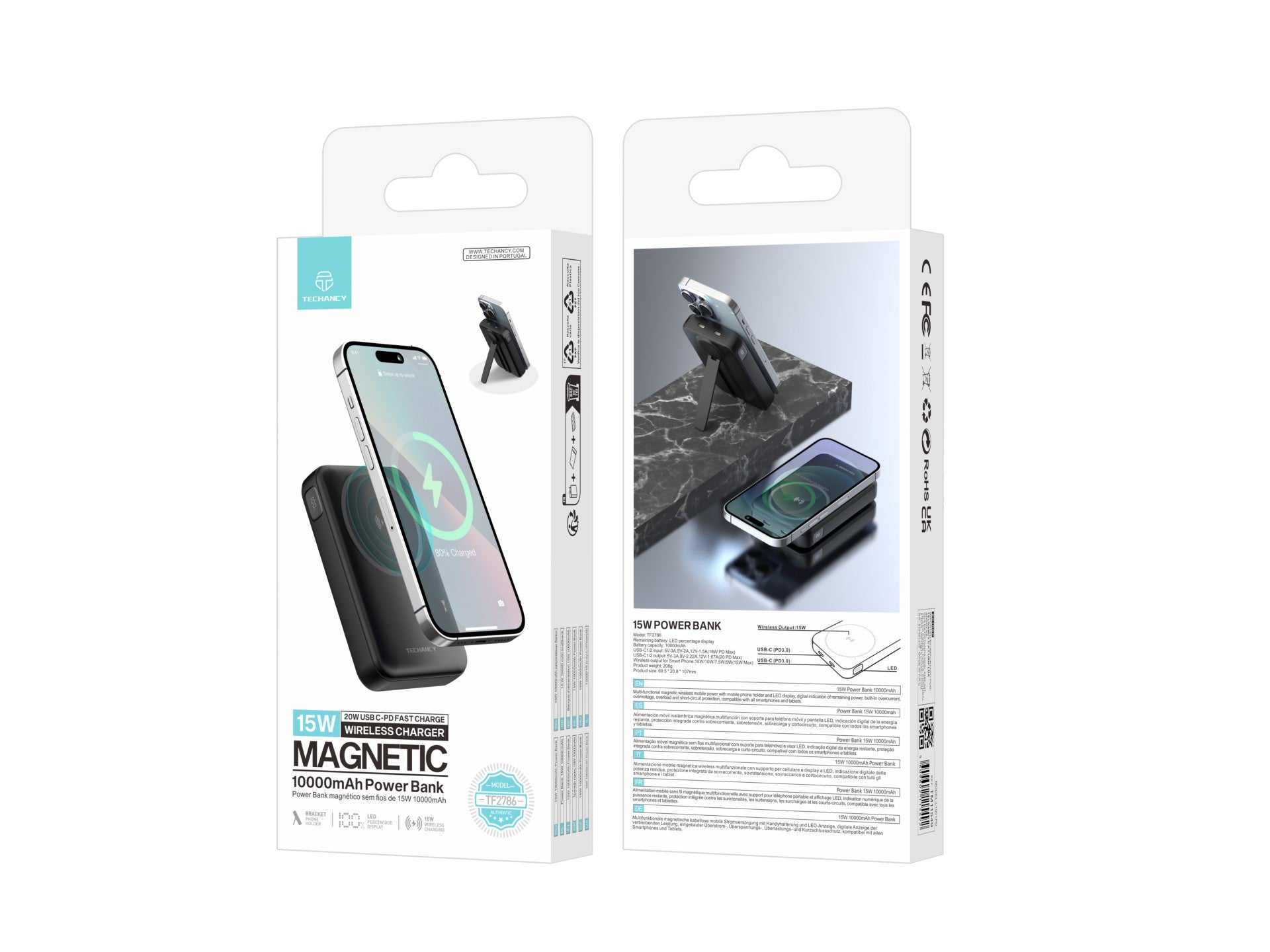 Techancy Power Bank Magnetico TF2786 10000mAh Carregamento Rapido Sem Fios 15W PD 20W Compativel com MagSafe Suporte Integrado Ecrã LED Preto