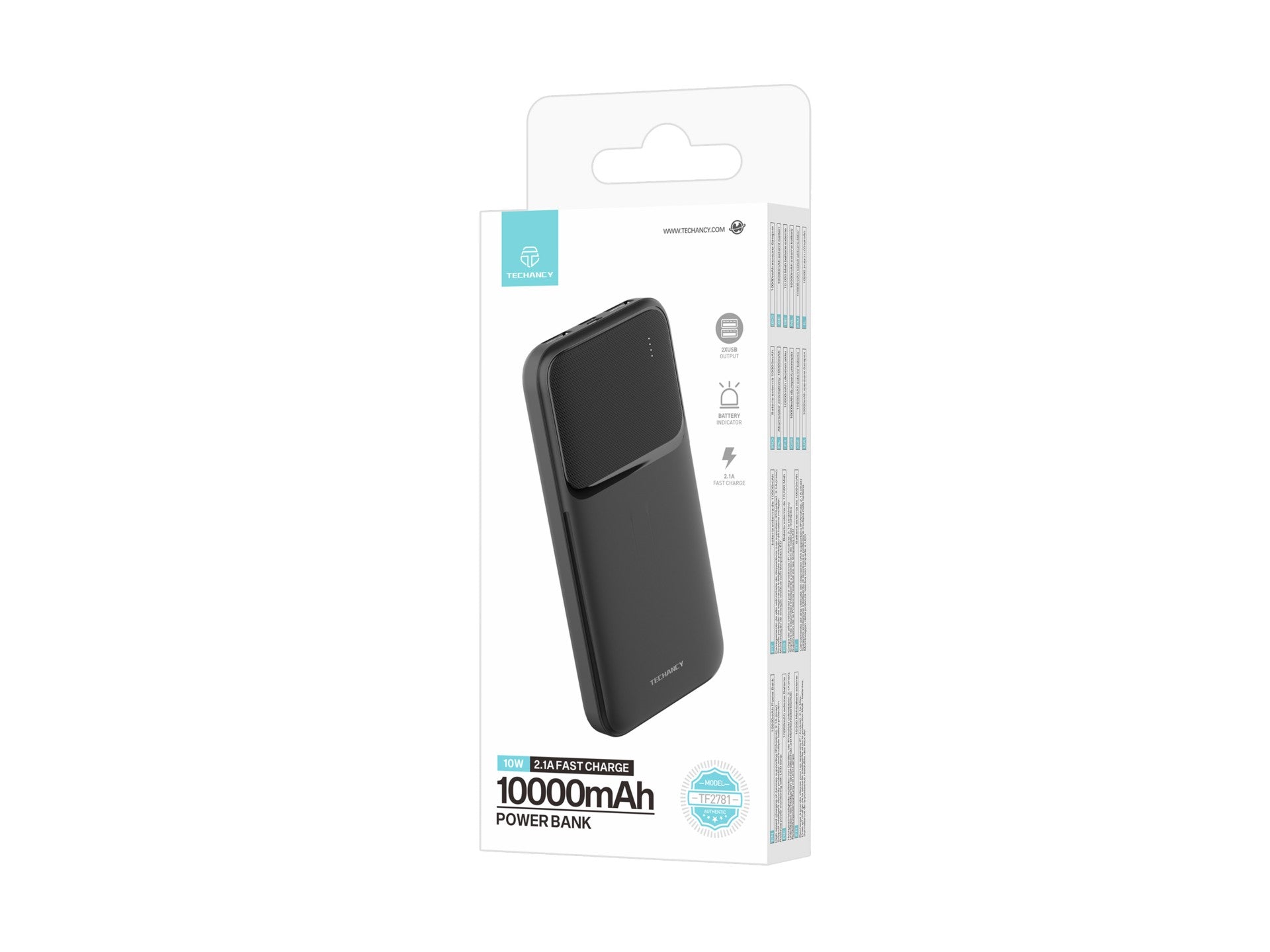 Techancy Power Bank 10000mah Preto TF2781, Carregamento Rápido De 10w Para Smartphones, Tablets E Muito Mais!