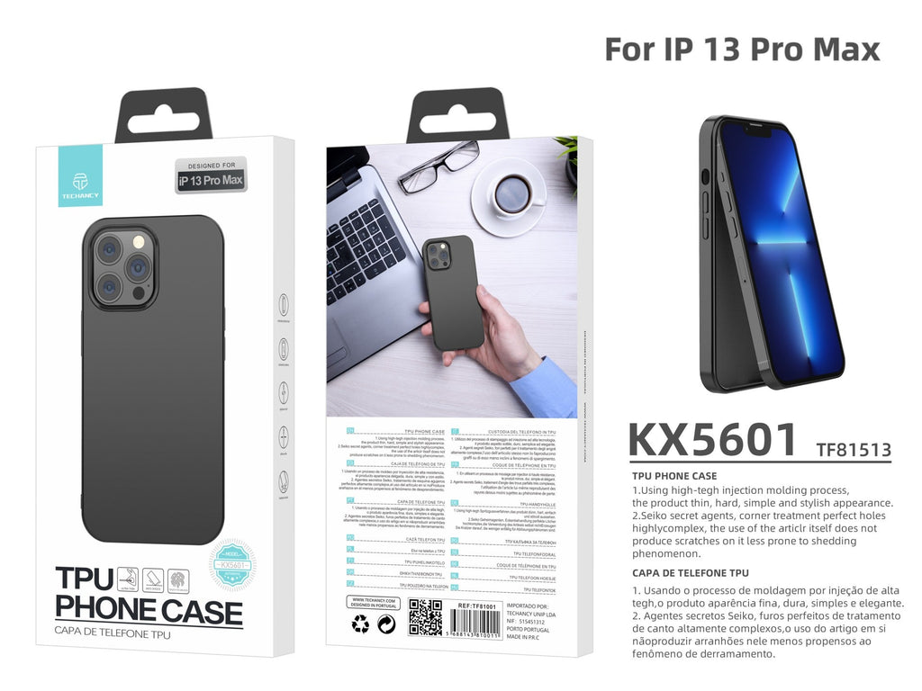 Capa para telemóvel Techancy New TPU Preto, KX5601, com proteção para a lente da câmara, compatível com iPhone 13 Pro Max