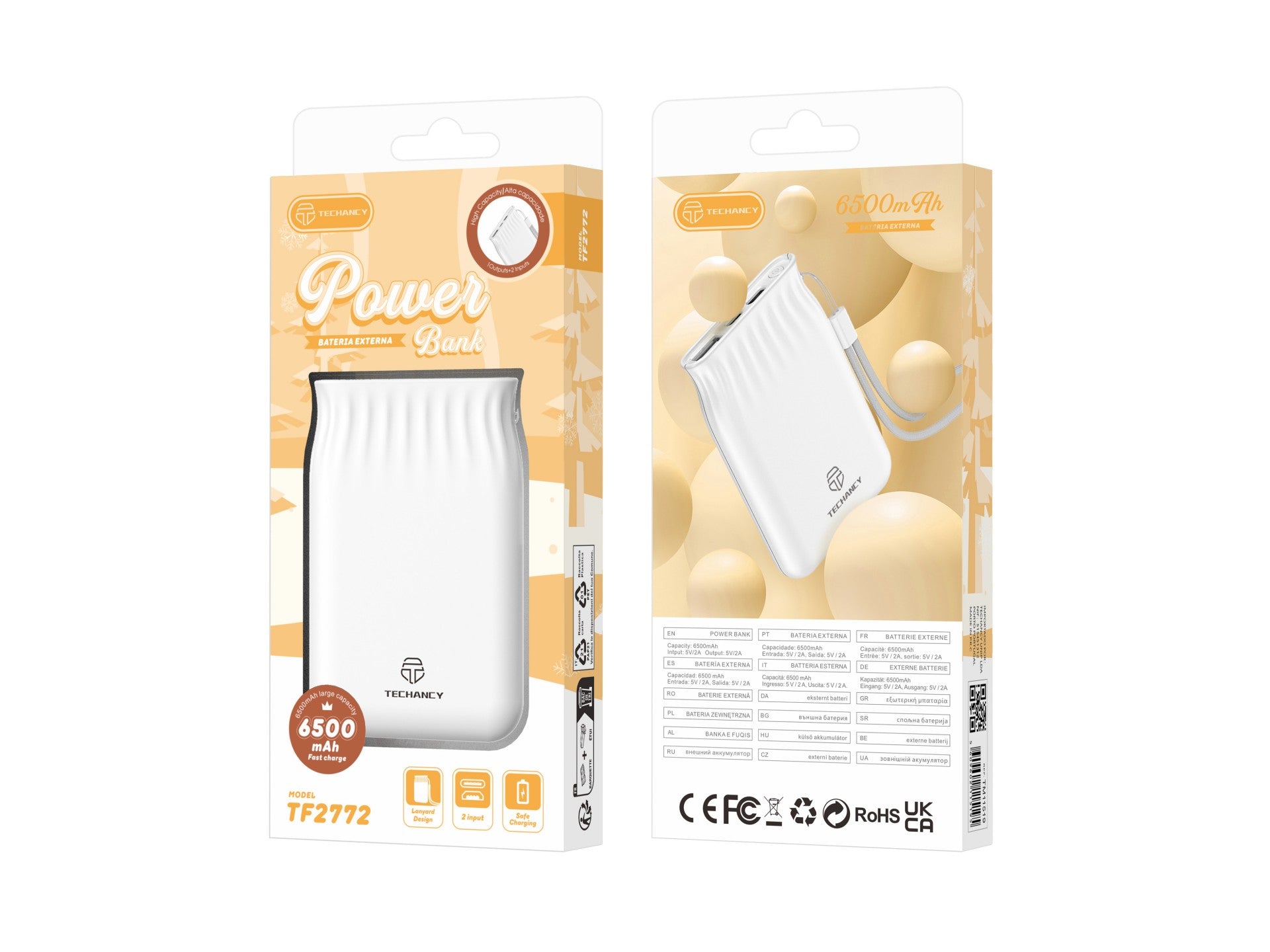 Techancy 6500mah Power Bank Branco TF2772，Carregamento De Telemóvel/Tablet Compatível Com 2A, Fonte De Alimentação Portátil