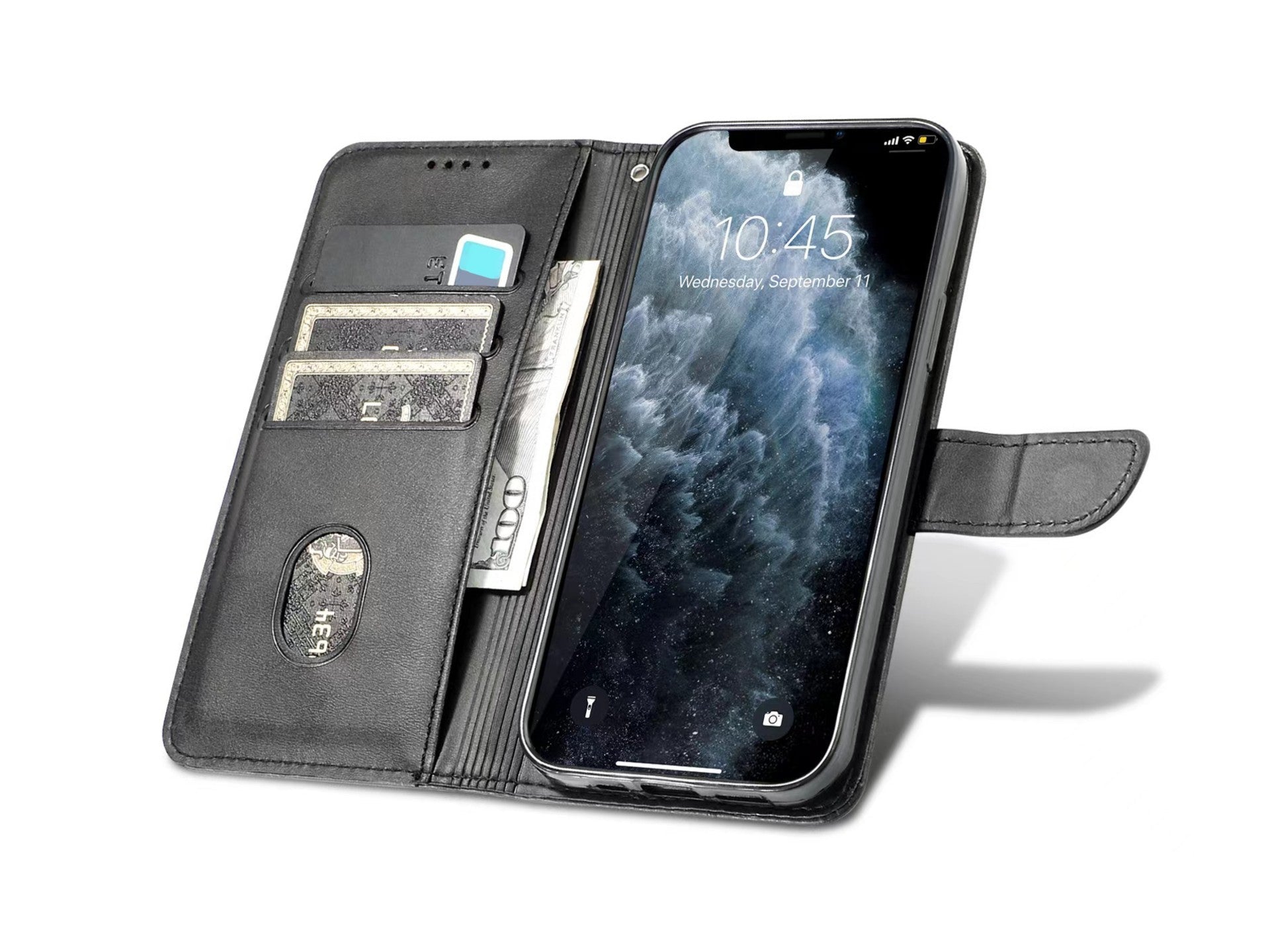 Capa flip em couro para telemóvel com 3 ranhuras para cartões, KX5600, função suporte e proteção contra quedas, compatível com iPhone 11 Pro Max, Preto