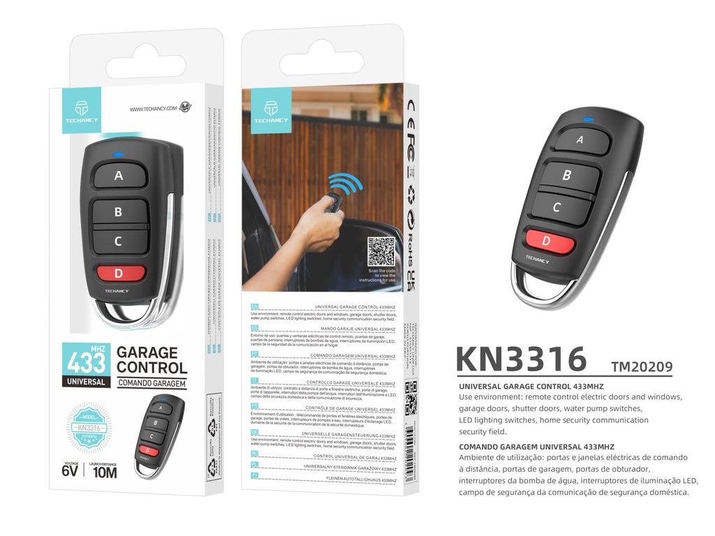 Techancy Controlo Remoto Universal KN3316, 433mhz, Para Janelas, Portas, Portas De Garagem, Etc., Fácil De Utilizar.