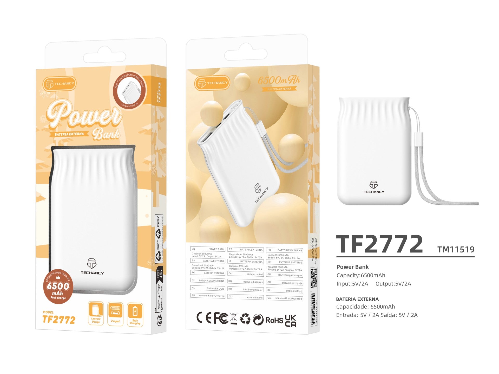 Techancy 6500mah Power Bank Branco TF2772，Carregamento De Telemóvel/Tablet Compatível Com 2A, Fonte De Alimentação Portátil