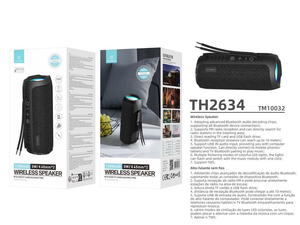 Techancy Altifalante sem fios Bluetooth versão 5.3 TH2634, suporta entrada TF/U disk/LINE LN, luz LED de 7 cores