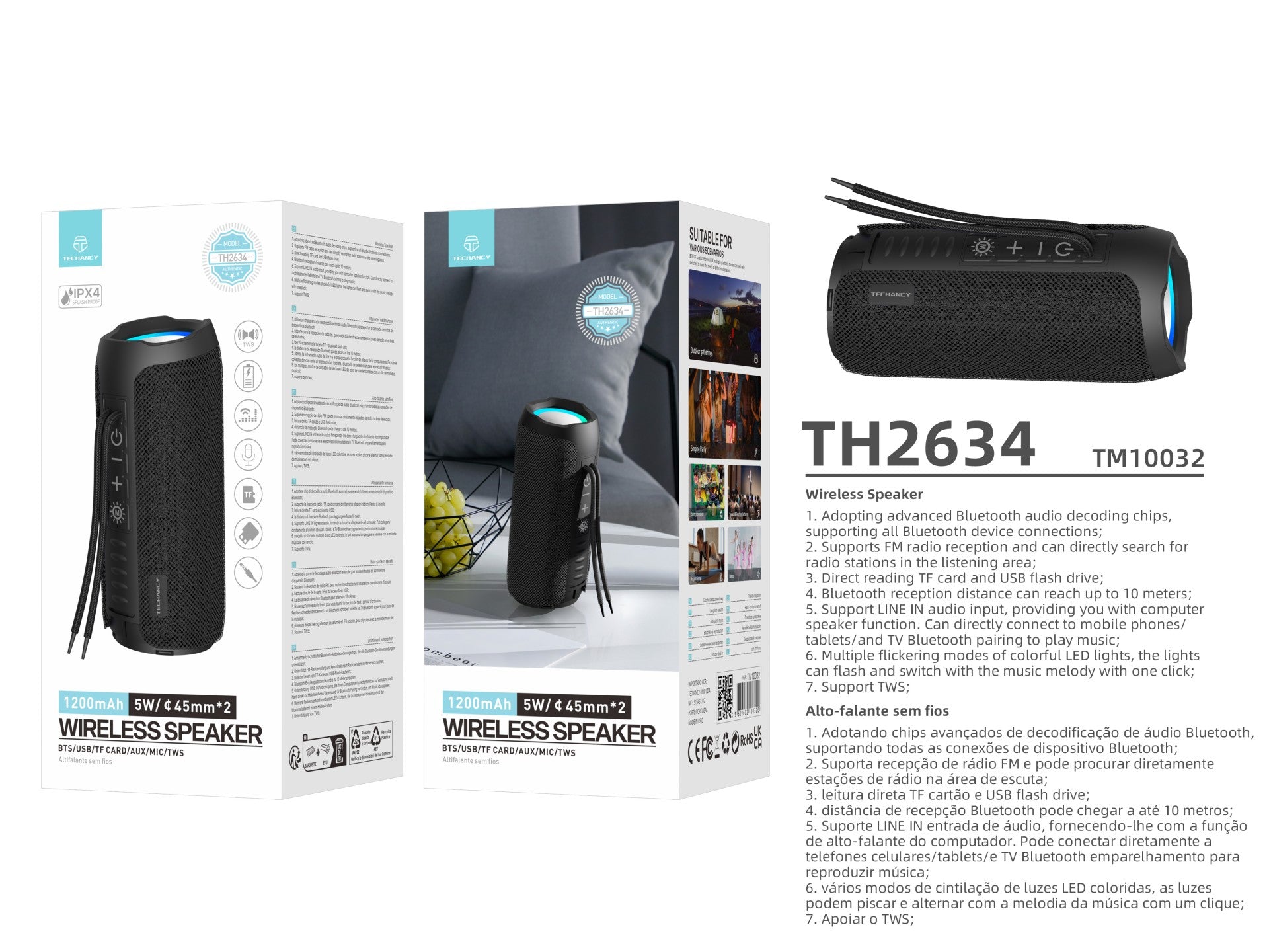 Techancy Altifalante sem fios Bluetooth versão 5.3 TH2634, suporta entrada TF/U disk/LINE LN, luz LED de 7 cores