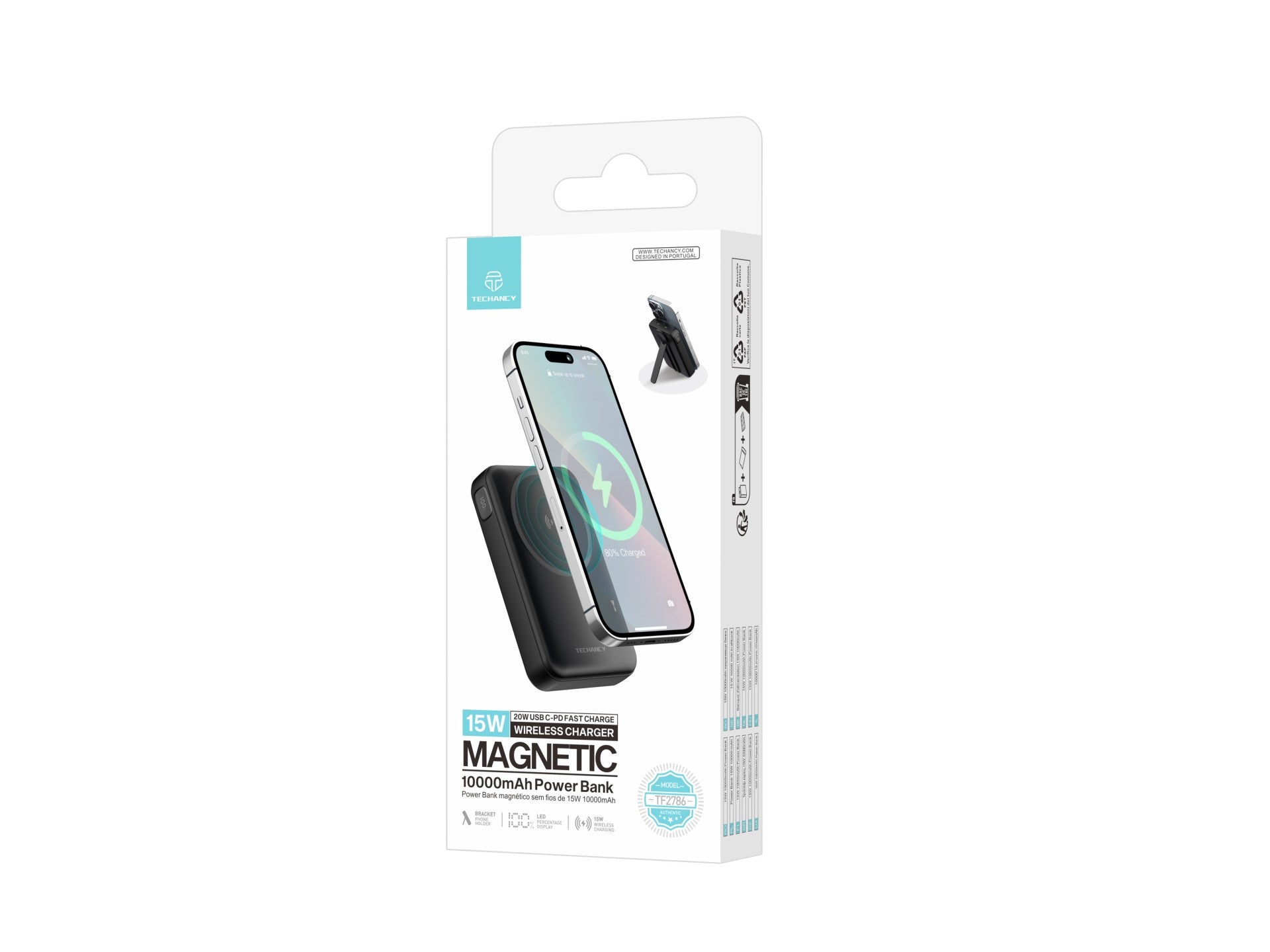 Techancy Power Bank Magnetico TF2786 10000mAh Carregamento Rapido Sem Fios 15W PD 20W Compativel com MagSafe Suporte Integrado Ecrã LED Preto