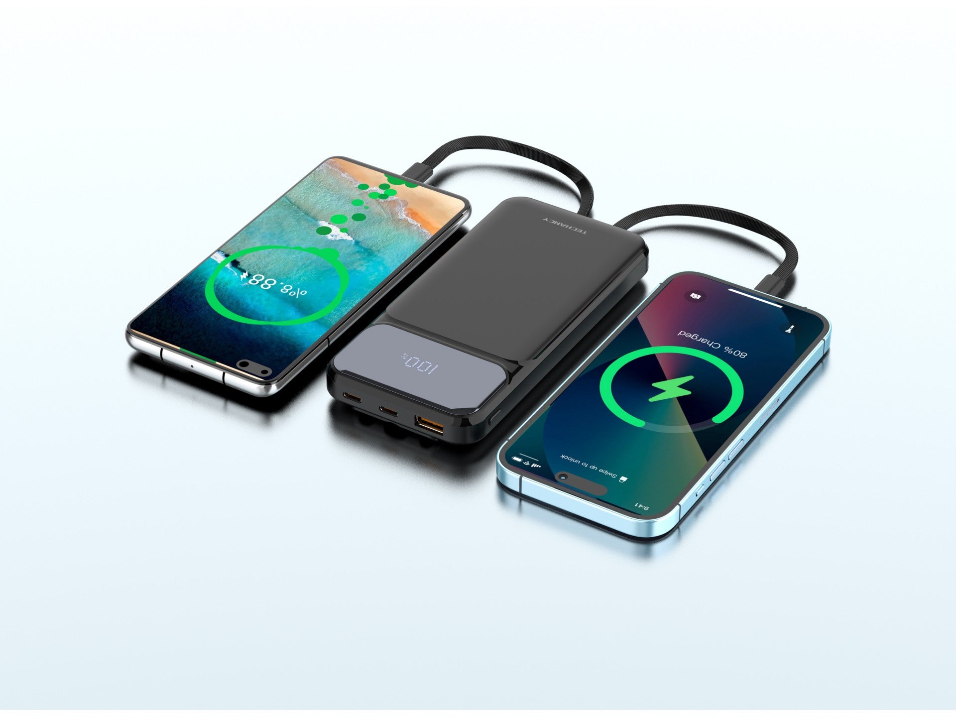 Techancy Power Bank 10000 Mah 22.5w  TF2782, Cabo De Carregamento Type-C+Lightning+ Usb 3in1, Ecrã Digital De Potência
