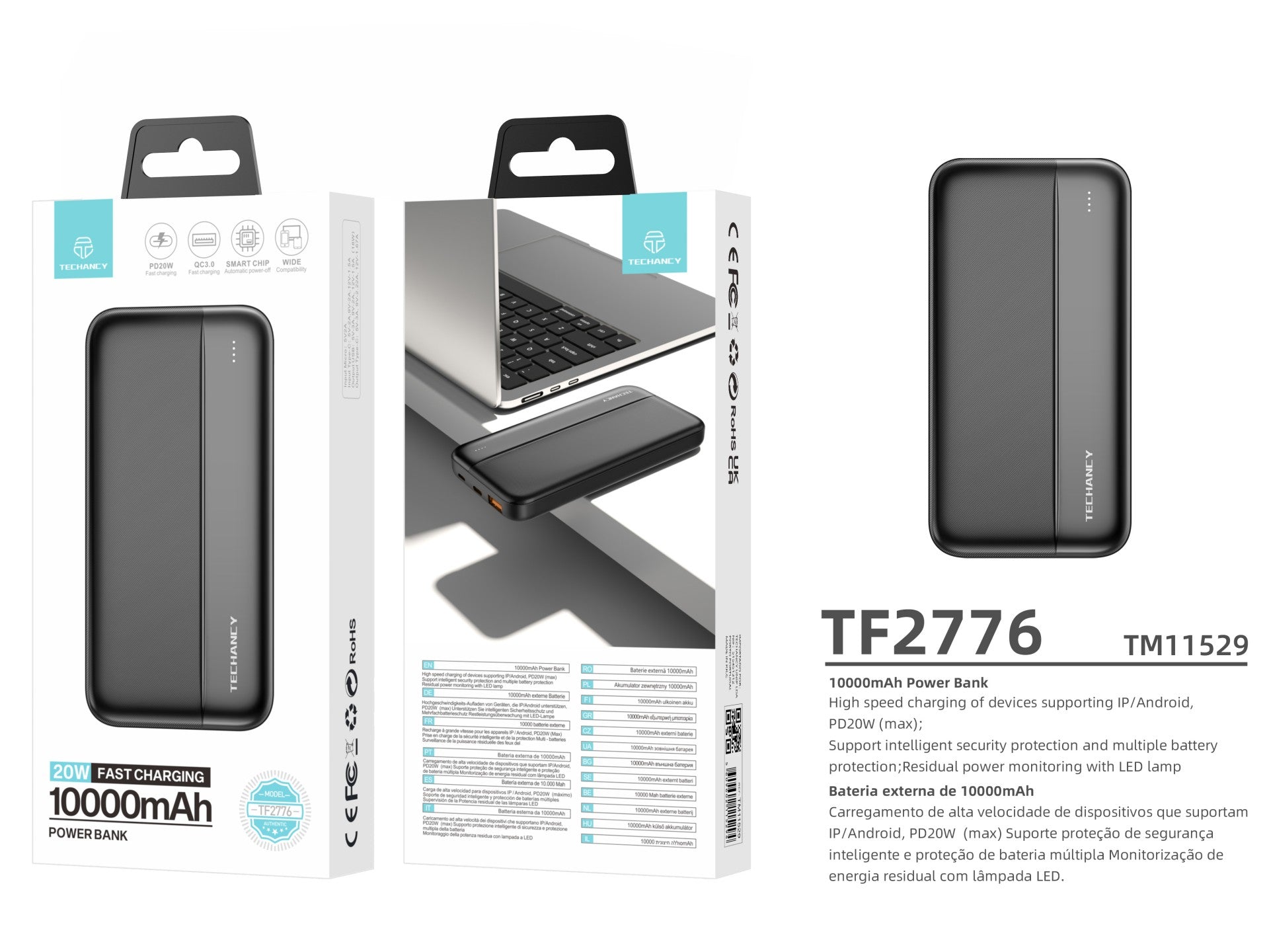 Techancy Power Bank 10000mah Preto TF2776, Carregamento Rápido Pd20w Para Smartphones, Tablets E Muito Mais!