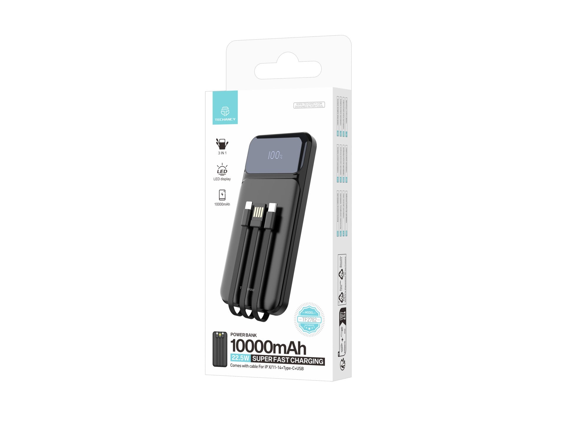 Techancy Power Bank 10000 Mah 22.5w  TF2782, Cabo De Carregamento Type-C+Lightning+ Usb 3in1, Ecrã Digital De Potência