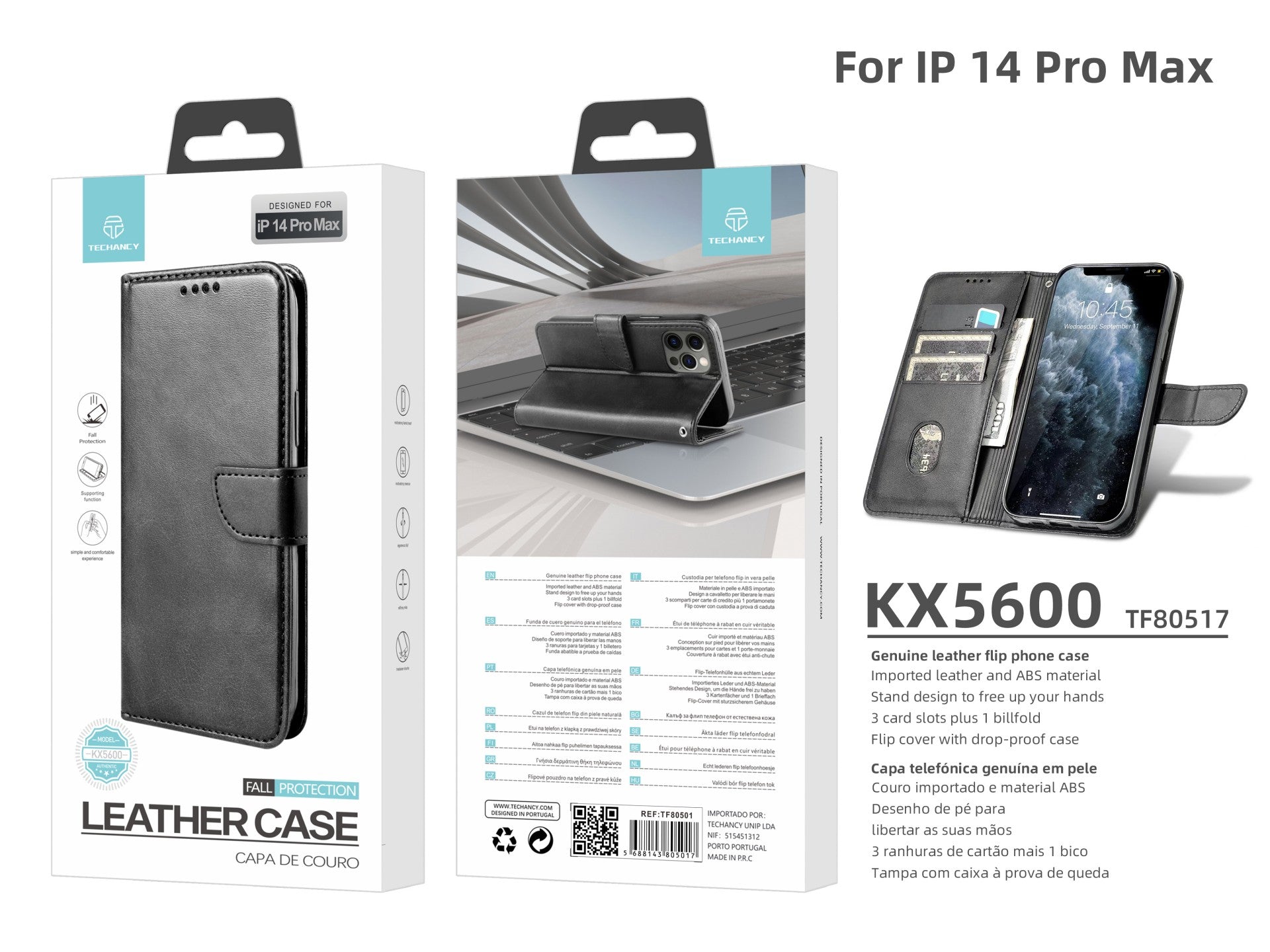 Capa flip em couro para telemóvel com 3 ranhuras para cartões, KX5600, função suporte e proteção contra quedas, compatível com iPhone 14 Pro Max, Preto
