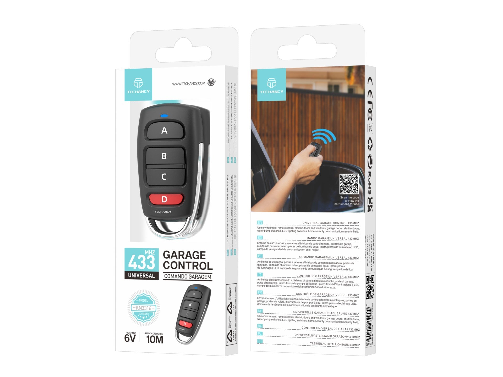 Techancy Controlo Remoto Universal KN3316, 433mhz, Para Janelas, Portas, Portas De Garagem, Etc., Fácil De Utilizar.