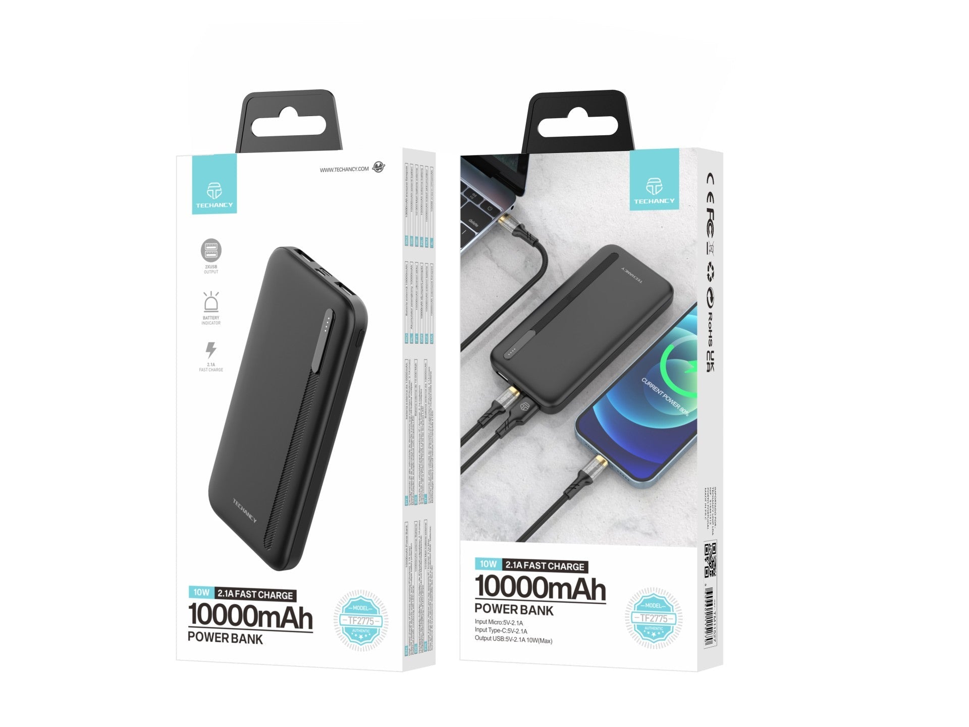 Techancy Power Bank 10000mah Preto TF2775, Carregamento Rápido De 10w Para Smartphones, Tablets E Muito Mais!