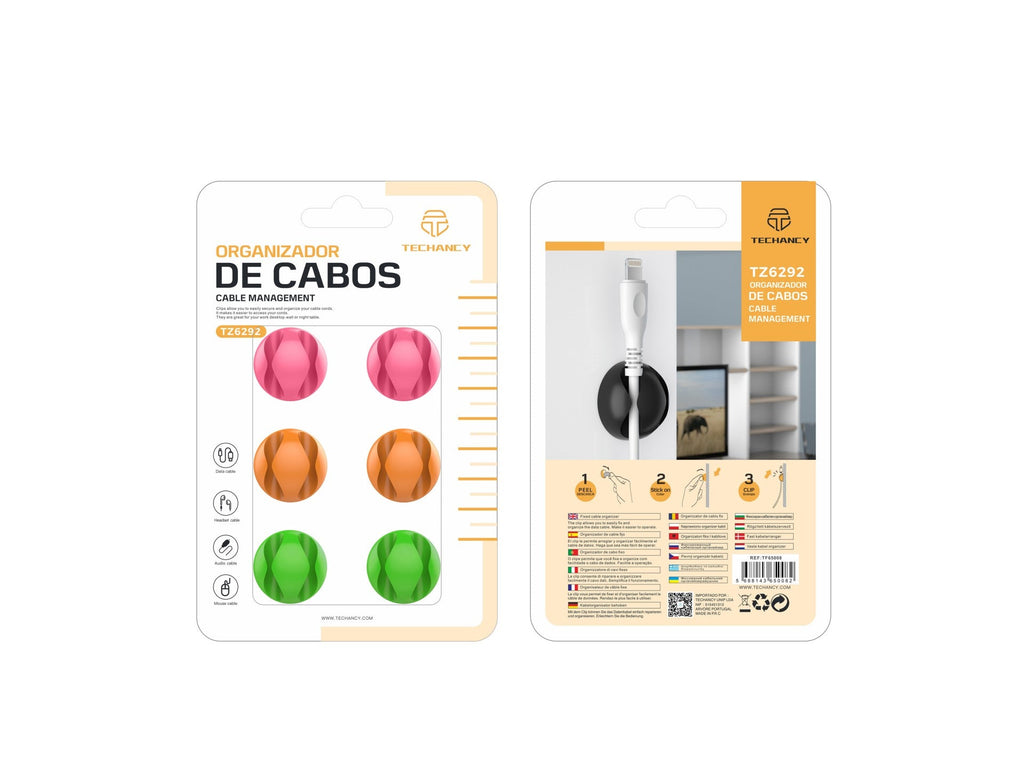 Suporte para cabos Techancy, TZ6292, embalagem com 6 unidades, organizador de cabos, laranja + rosa