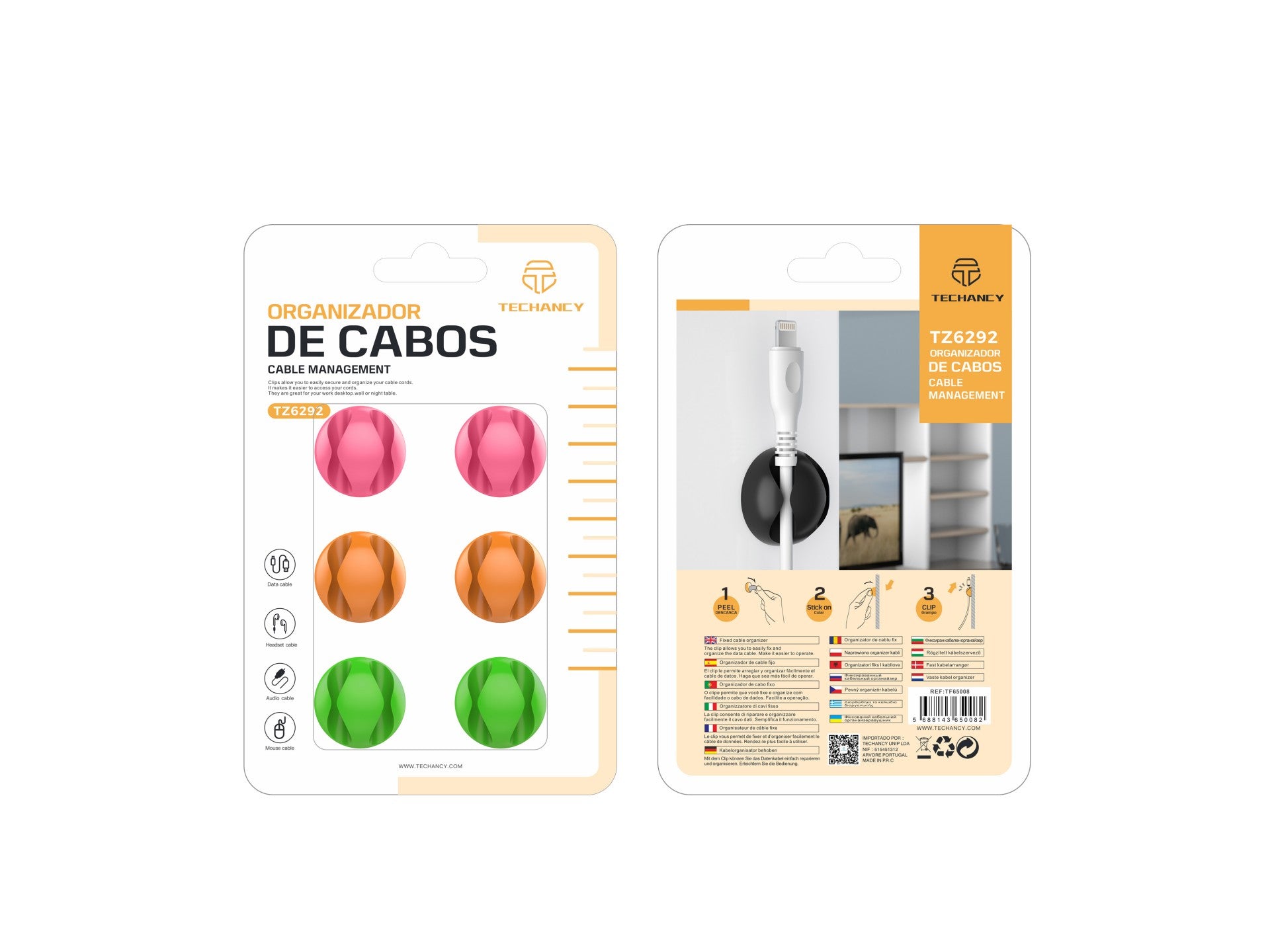 Suporte para cabos Techancy, TZ6292, embalagem com 6 unidades, organizador de cabos, laranja + rosa
